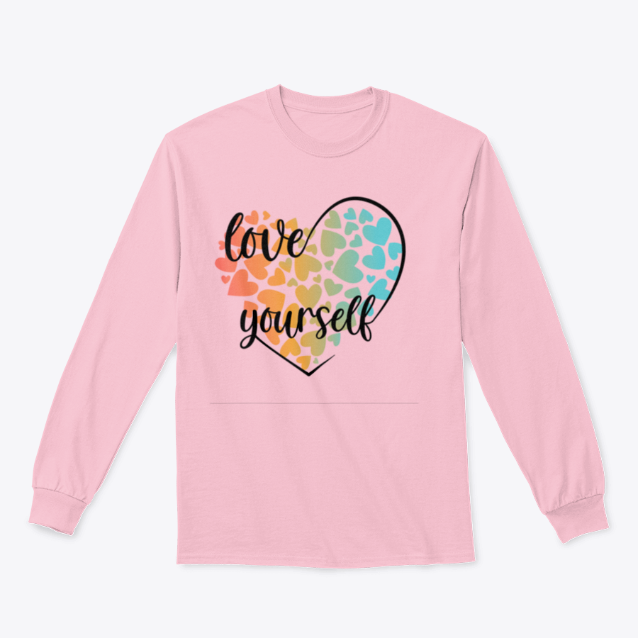 A cozy sweatshirt featuring a unique Love Yourself design with hearts and lettering, perfect for casual wear.