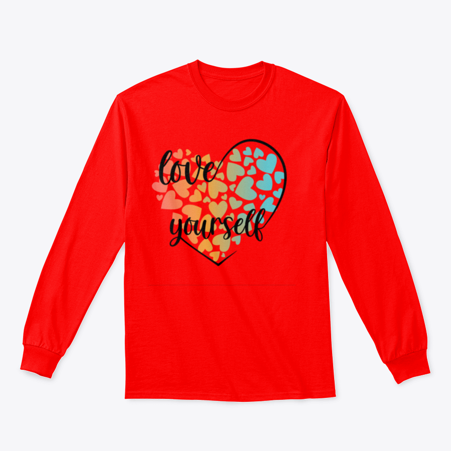 A cozy sweatshirt featuring a unique Love Yourself design with hearts and lettering, perfect for casual wear.