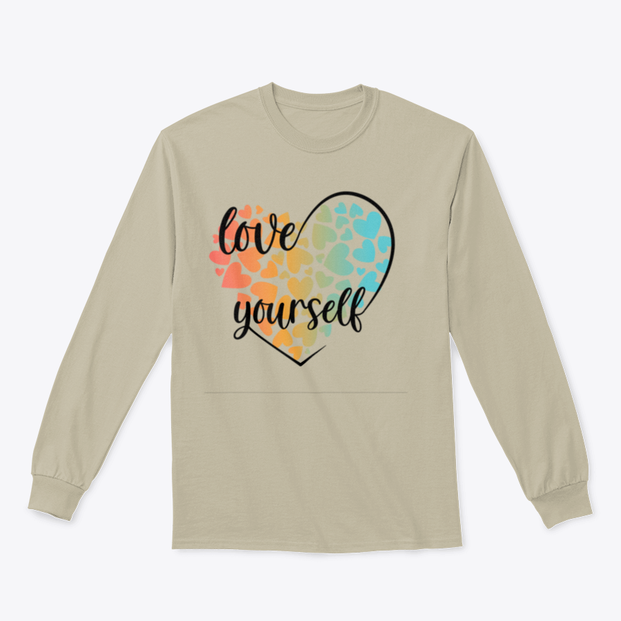 A cozy sweatshirt featuring a unique Love Yourself design with hearts and lettering, perfect for casual wear.