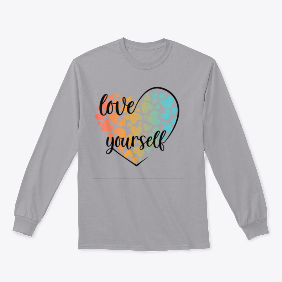 A cozy sweatshirt featuring a unique Love Yourself design with hearts and lettering, perfect for casual wear.