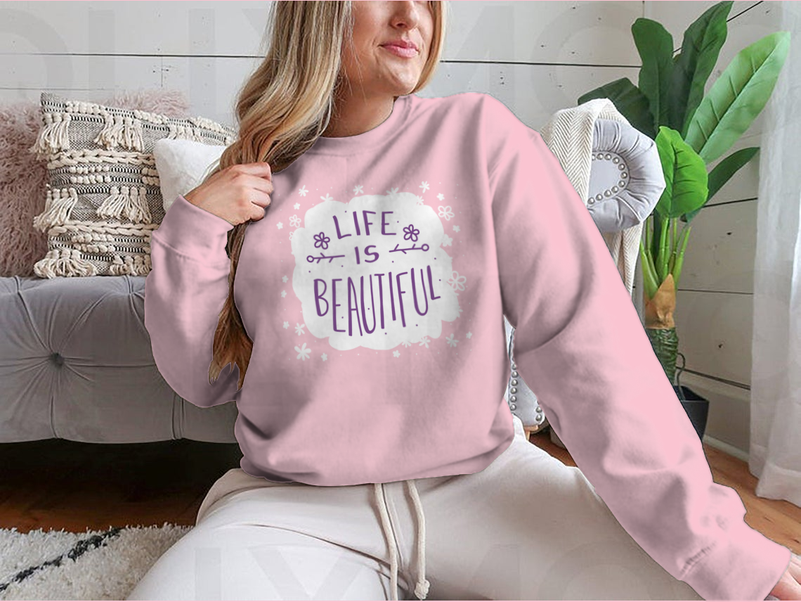 Lovely Message Sweatshirt featuring a white frame on a pink background, showcasing a stylish design perfect for casual wear.