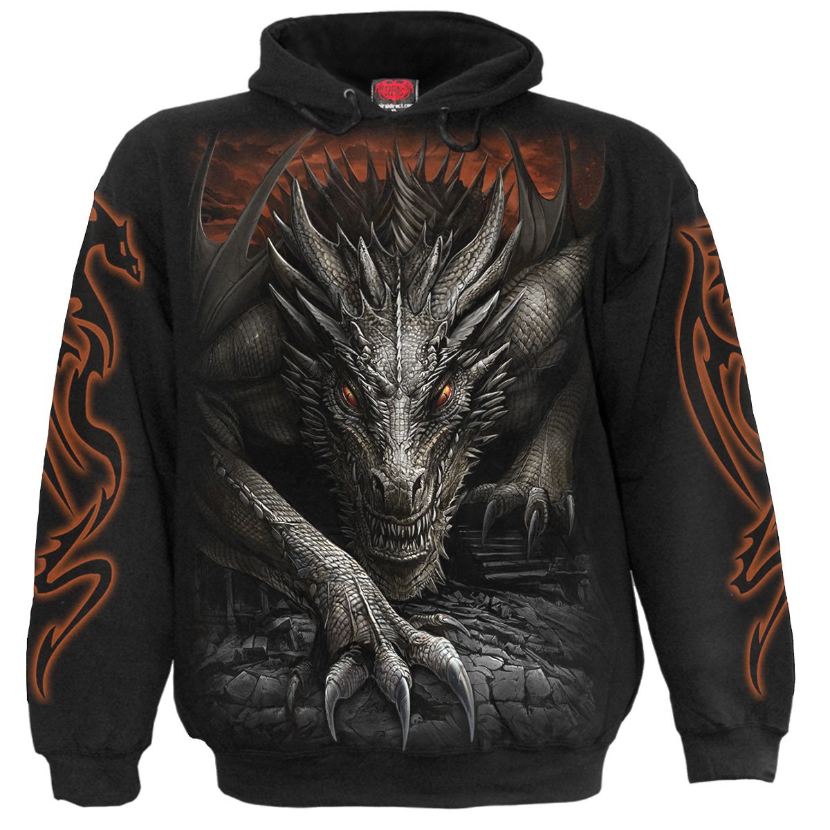 MAJESTIC DRACO Hoody Black featuring a dragon design, made from 100% cotton fleece, showcasing its elegant and fierce style.