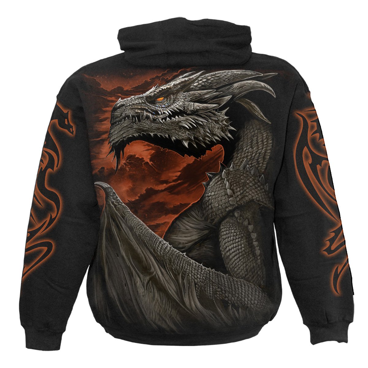 MAJESTIC DRACO Hoody Black featuring a dragon design, made from 100% cotton fleece, showcasing its elegant and fierce style.