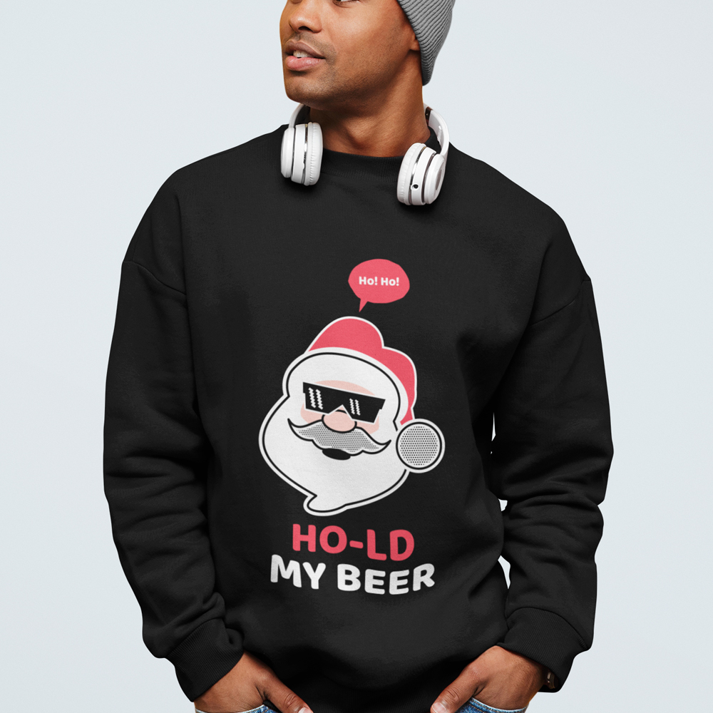 Men's Ho Ho Ho Santa Beer Crewneck Sweatshirt featuring a festive design with Santa and beer graphics, perfect for holiday celebrations.