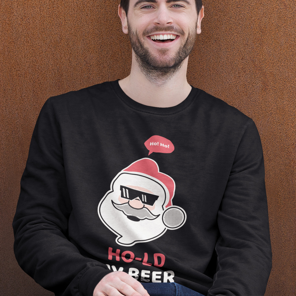 Men's Ho Ho Ho Santa Beer Crewneck Sweatshirt featuring a festive design with Santa and beer graphics, perfect for holiday celebrations.