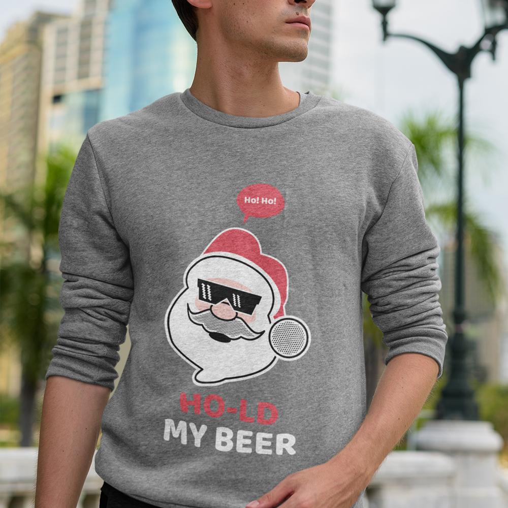 Men's Ho Ho Ho Santa Beer Crewneck Sweatshirt featuring a festive design with Santa and beer graphics, perfect for holiday celebrations.