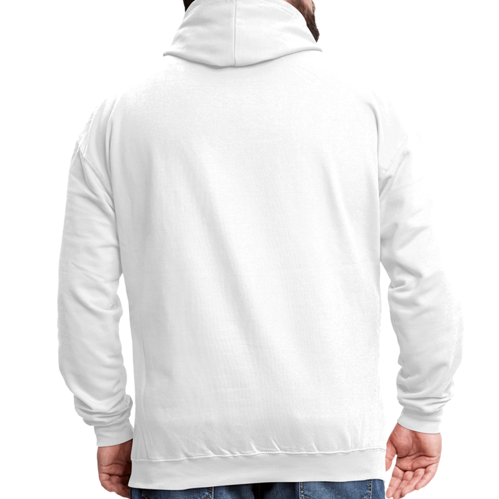 Men's pullover hoodie featuring a graphic design 'God Created Man', showcasing a stylish and comfortable fit with contrasting hood lining.