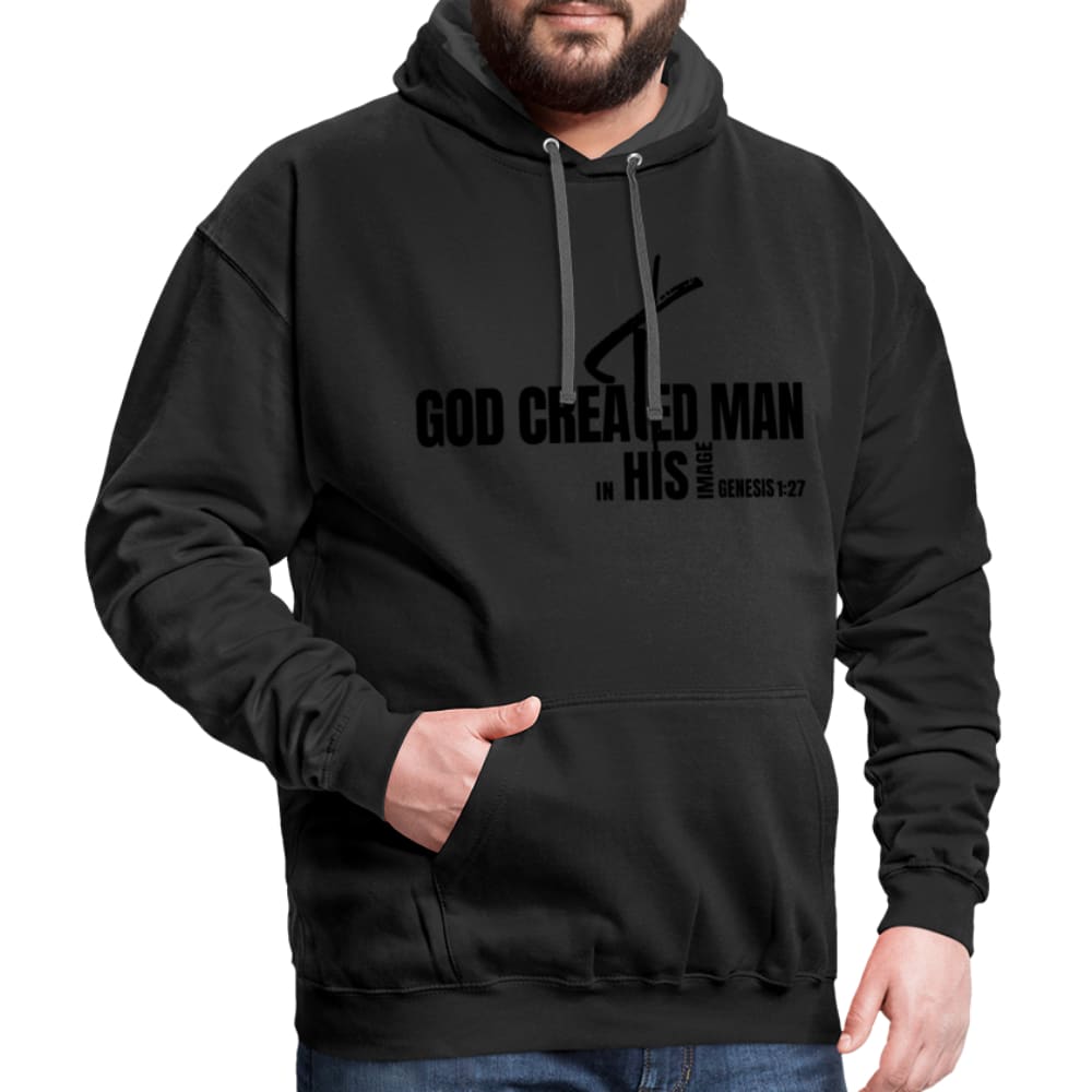 Men's pullover hoodie featuring a graphic design 'God Created Man', showcasing a stylish and comfortable fit with contrasting hood lining.