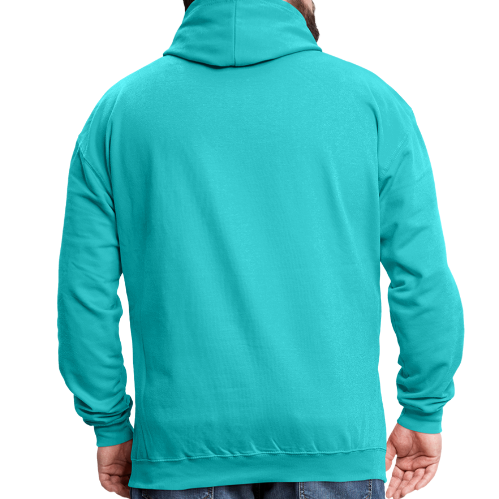 Men's pullover hoodie featuring a graphic design 'God Created Man', showcasing a stylish and comfortable fit with contrasting hood lining.