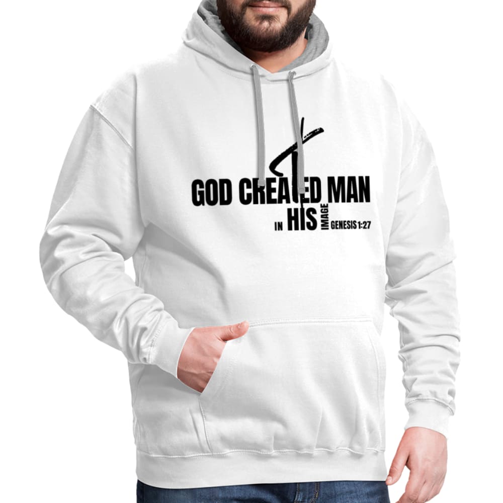 Men's pullover hoodie featuring a graphic design 'God Created Man', showcasing a stylish and comfortable fit with contrasting hood lining.