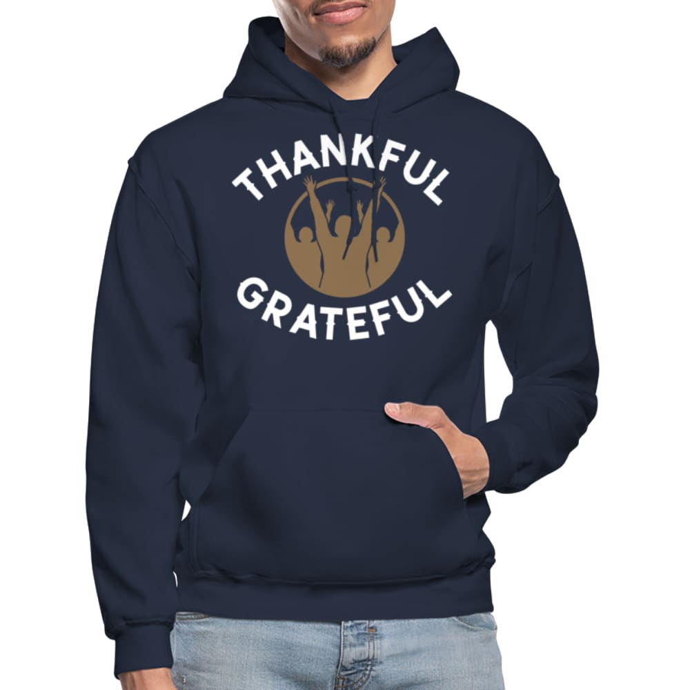 Men's Pullover Hoodie featuring a thankful and grateful graphic design, perfect for casual wear and outdoor activities.