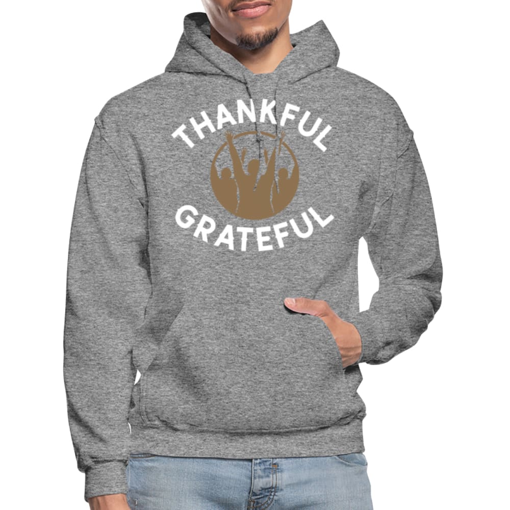 Men's Pullover Hoodie featuring a thankful and grateful graphic design, perfect for casual wear and outdoor activities.