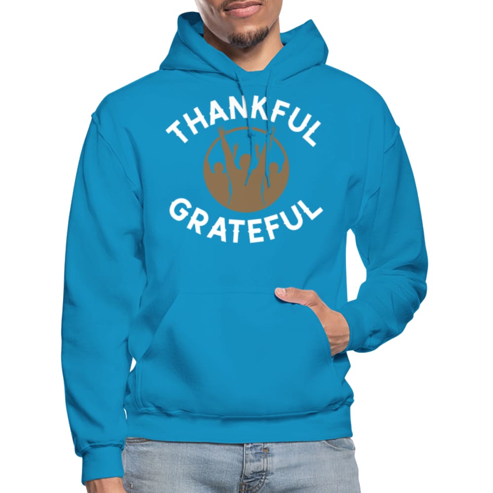 Men's Pullover Hoodie featuring a thankful and grateful graphic design, perfect for casual wear and outdoor activities.