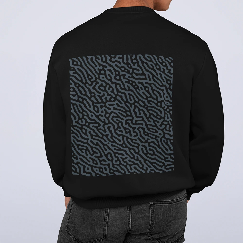 Mens ND Sweatshirt featuring a unique swirl back design, ribbed collar, and loose fit, made from a cotton-polyester blend.