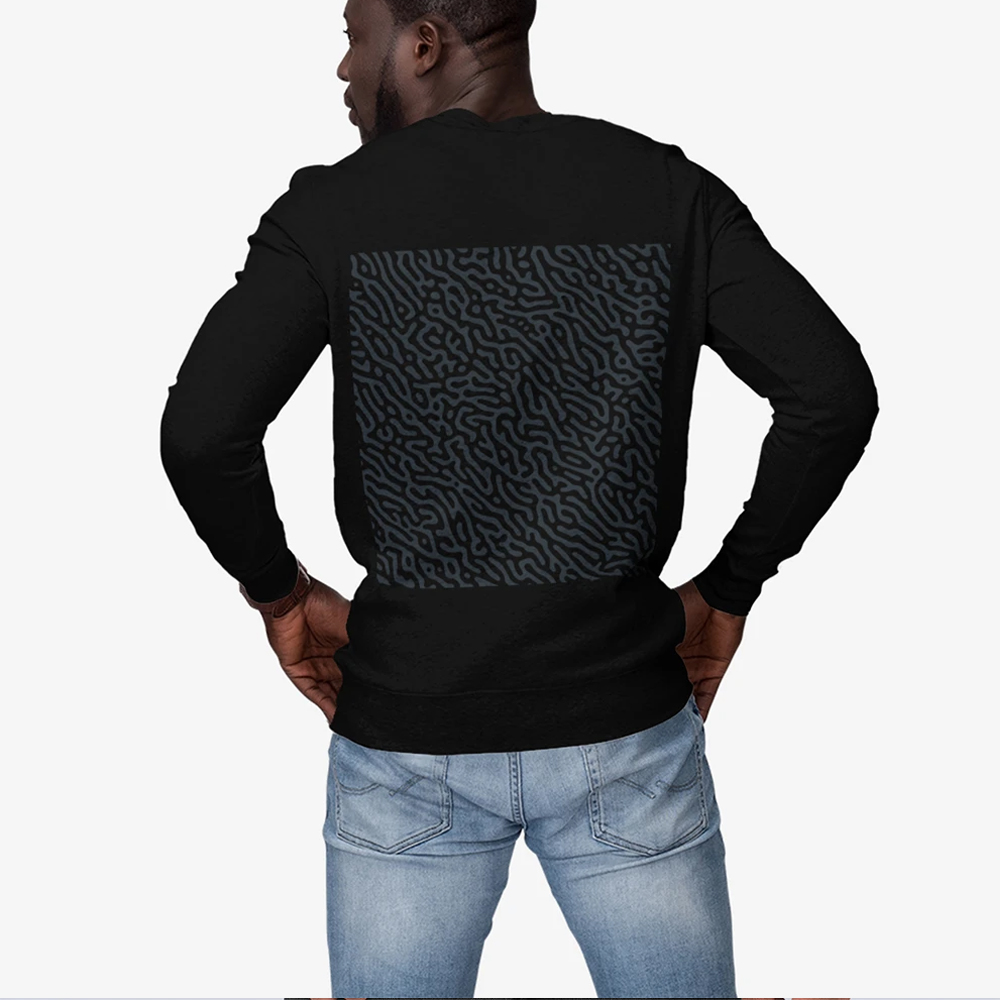 Mens ND Sweatshirt featuring a unique swirl back design, ribbed collar, and loose fit, made from a cotton-polyester blend.