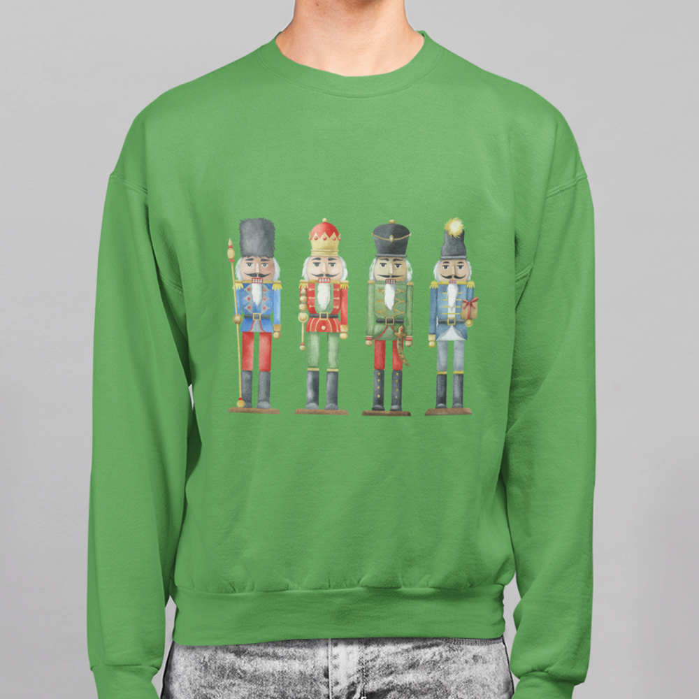 Mens Nutcracker Toy Soldiers Sweatshirt featuring a festive design, ribbed collar, and loose fit for comfort.