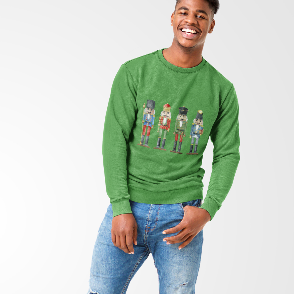 Mens Nutcracker Toy Soldiers Sweatshirt featuring a festive design, ribbed collar, and loose fit for comfort.