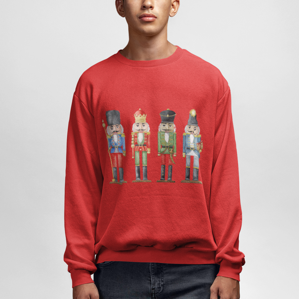 Mens Nutcracker Toy Soldiers Sweatshirt featuring a festive design, ribbed collar, and loose fit for comfort.