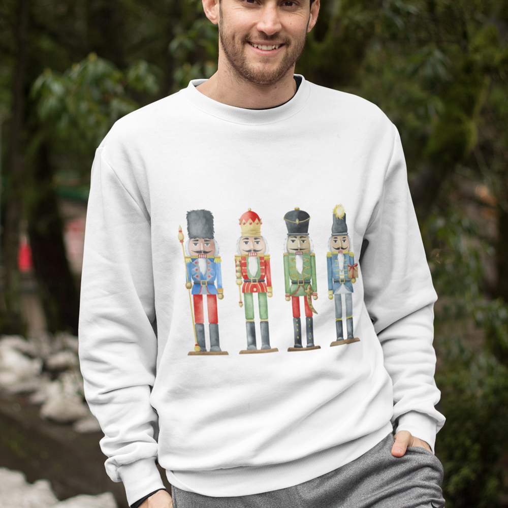 Mens Nutcracker Toy Soldiers Sweatshirt featuring a festive design, ribbed collar, and loose fit for comfort.