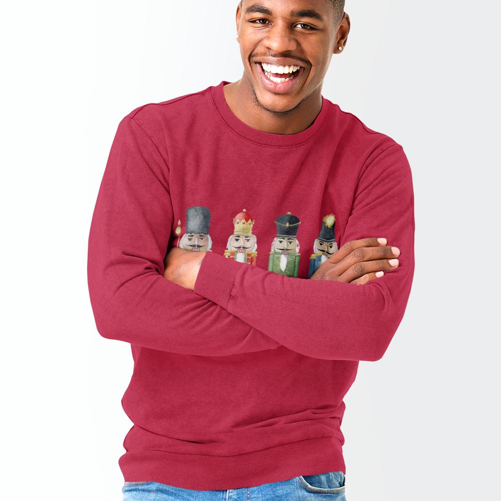 Mens Nutcracker Toy Soldiers Sweatshirt featuring a festive design, ribbed collar, and loose fit for comfort.