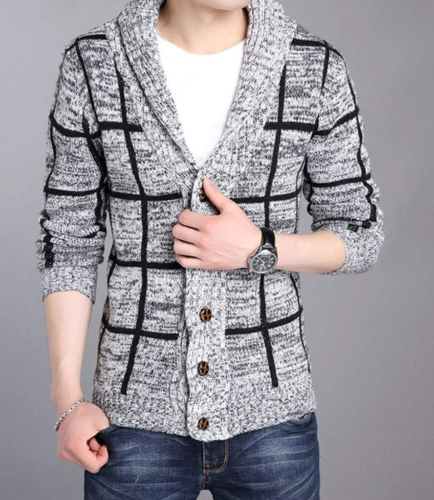 Men's Shawl Collar Gray Cardigan displayed on a mannequin, showcasing its stylish design and textured pattern.