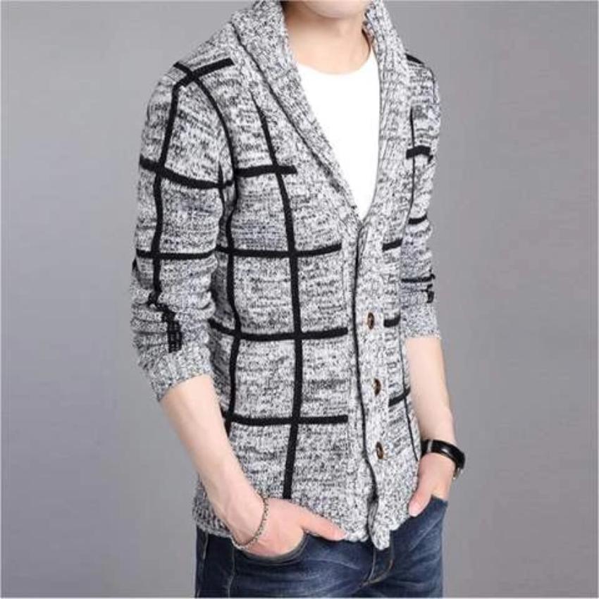 Men's Shawl Collar Gray Cardigan displayed on a mannequin, showcasing its stylish design and textured pattern.