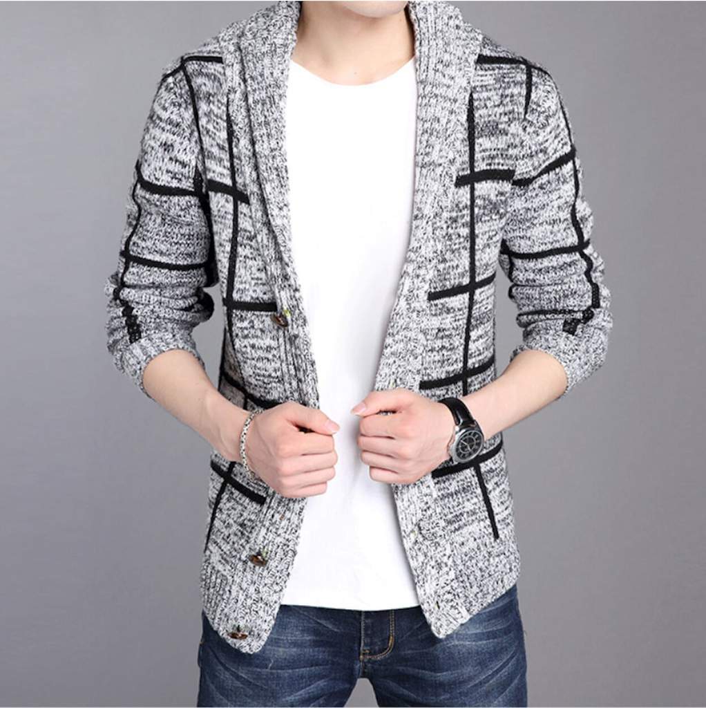 Men's Shawl Collar Gray Cardigan displayed on a mannequin, showcasing its stylish design and textured pattern.