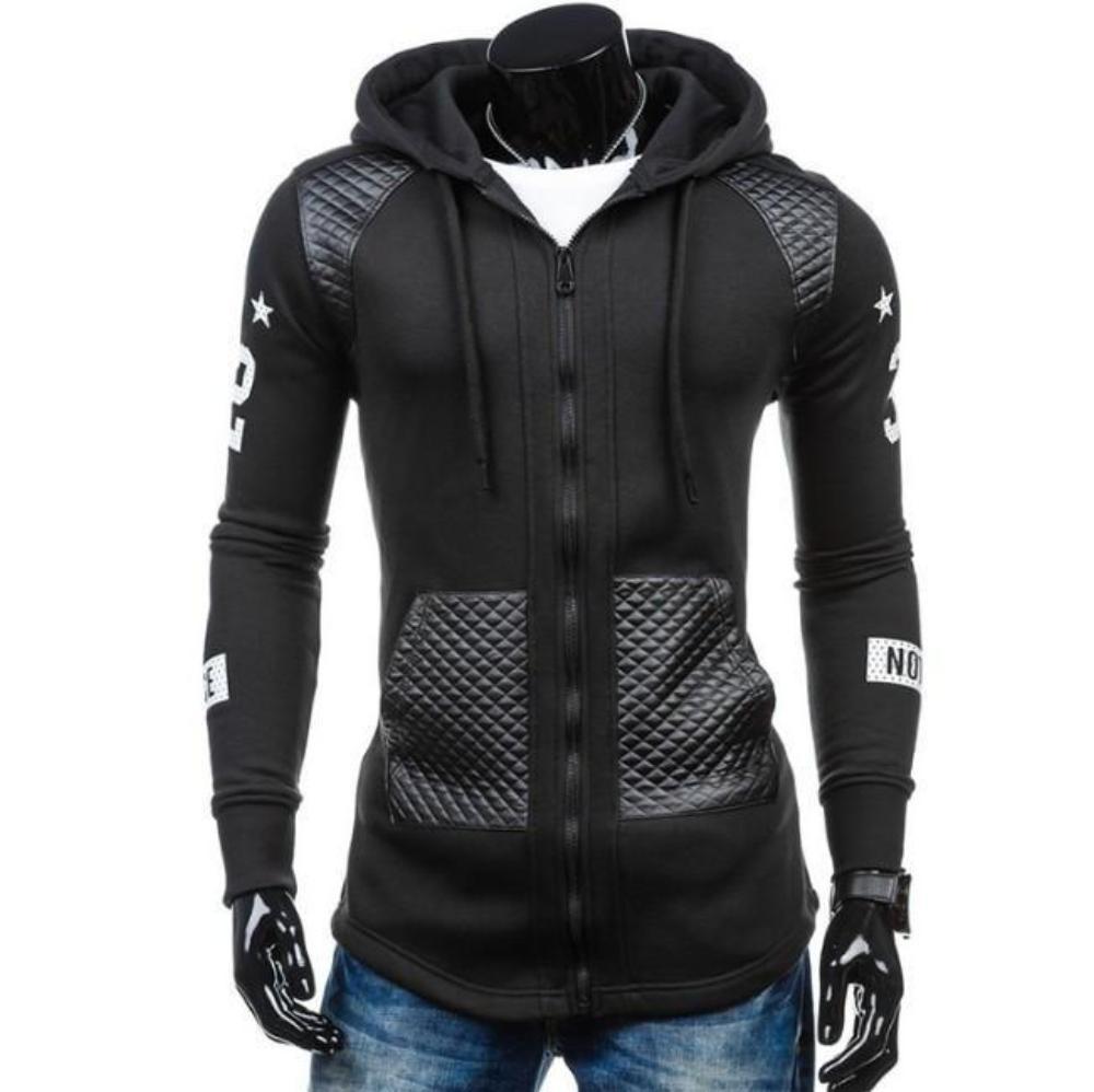 Mens Street Style Biker Hoodie in Black and Gray, showcasing a trendy zipped design and slim fit style.