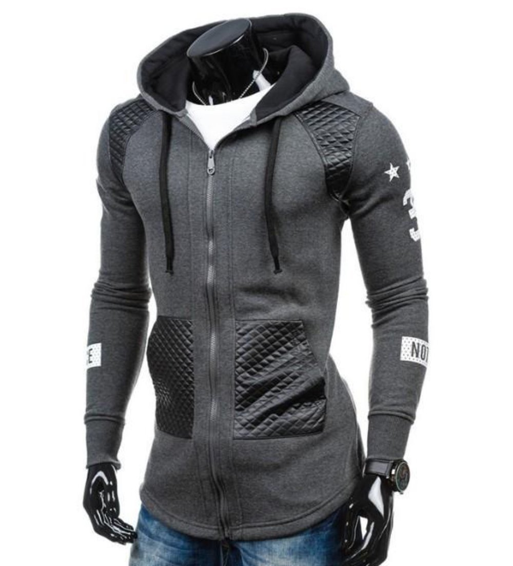 Mens Street Style Biker Hoodie in Black and Gray, showcasing a trendy zipped design and slim fit style.