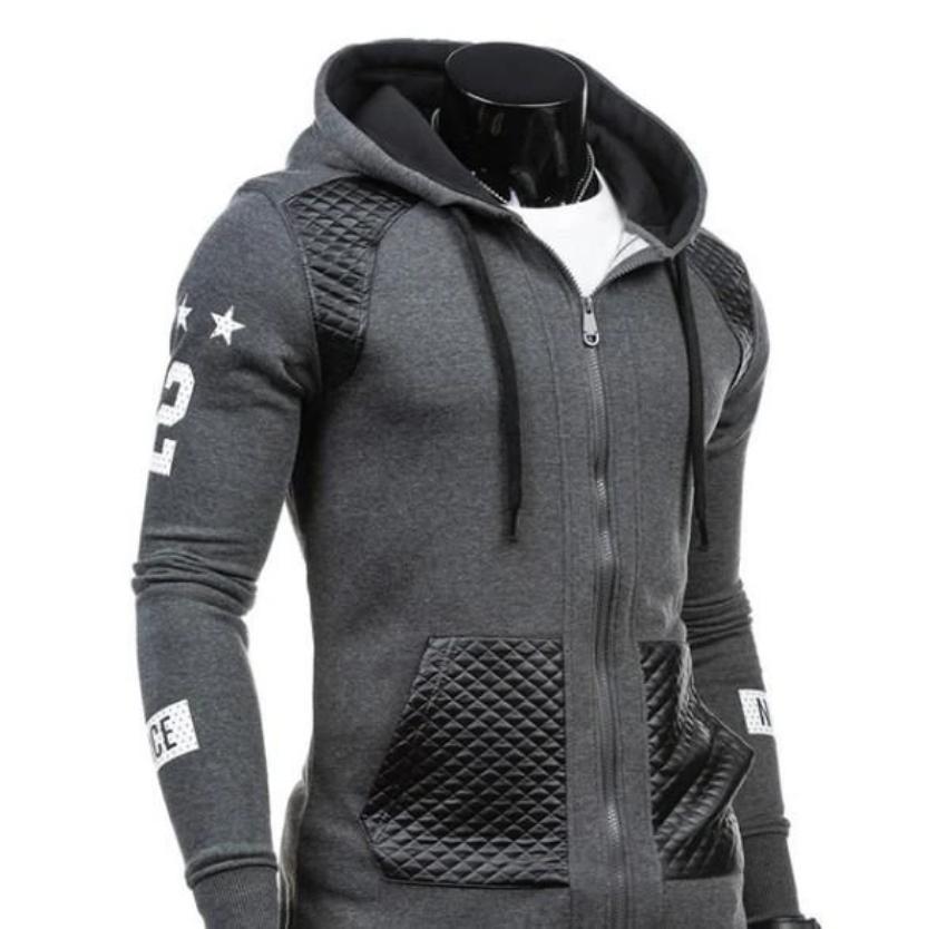 Mens Street Style Biker Hoodie in Black and Gray, showcasing a trendy zipped design and slim fit style.