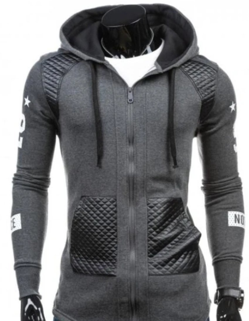 Mens Street Style Biker Hoodie in Black and Gray, showcasing a trendy zipped design and slim fit style.