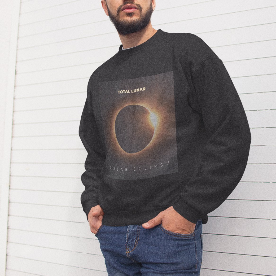 Mens Total Lunar Space Sweatshirt featuring a loose fit and ribbed collar, perfect for casual wear.