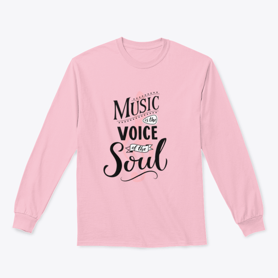 A stylish T-shirt featuring the inspirational quote 'Music Is The Voice Of The Soul' in elegant typography, showcasing a classic fit and soft fabric.