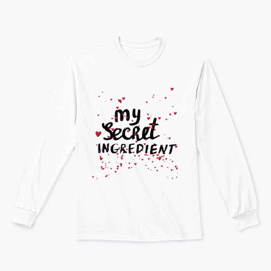 A stylish white shirt featuring hand lettering with red hearts, showcasing a charming and playful design.