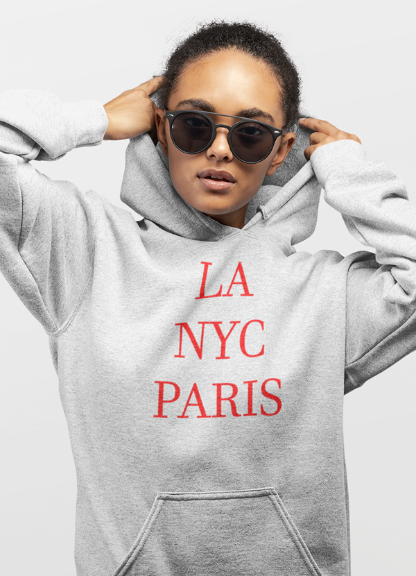 A stylish NYC La Hoodie featuring unique designs by top artists, made from a warm cotton/poly fleece blend.