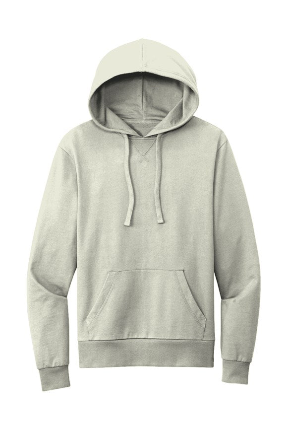 A cozy Organic White Sand Hoodie made from organic French terry fabric, featuring a drawstring hood and kangaroo pocket.