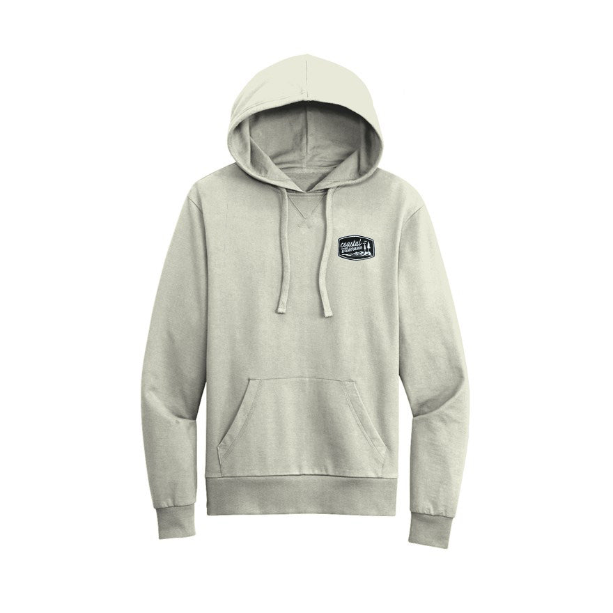 A cozy Organic White Sand Hoodie made from organic French terry fabric, featuring a drawstring hood and kangaroo pocket.