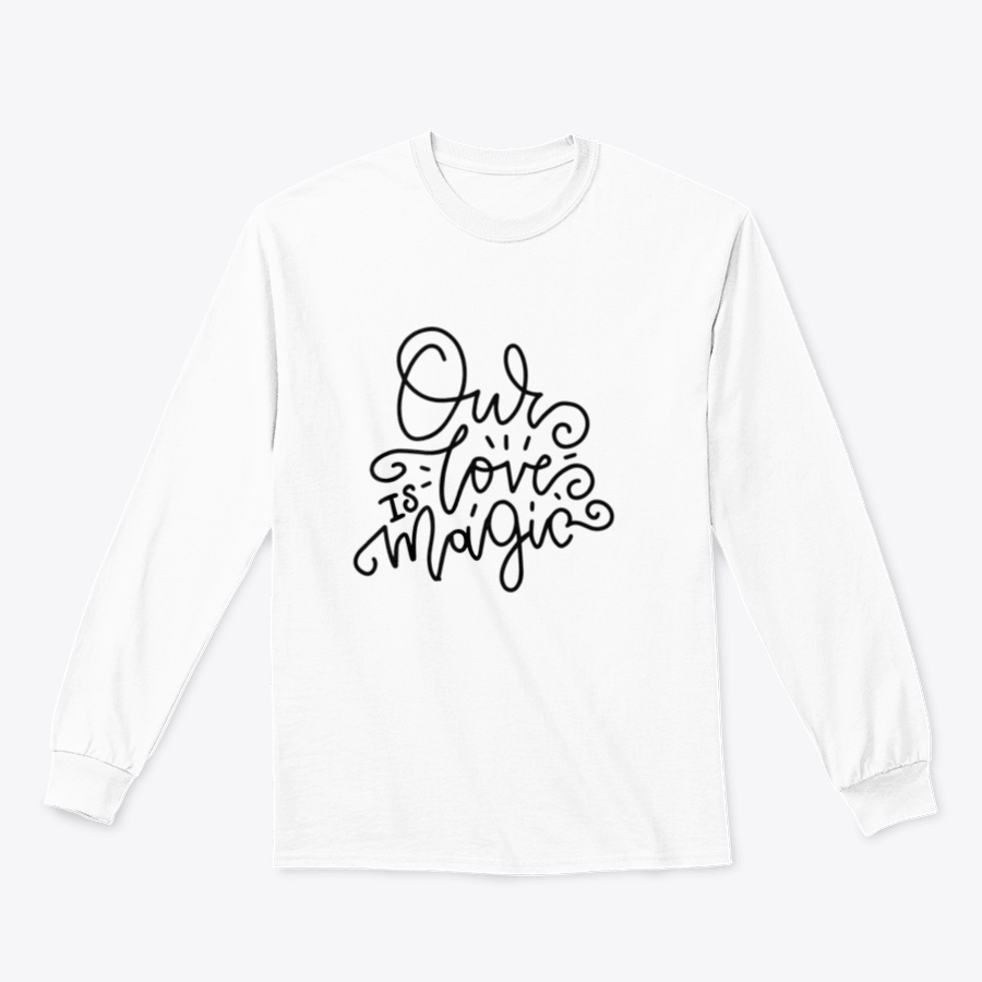 A stylish t-shirt featuring the quote 'Our Love Is Magic' in elegant lettering, made from a soft cotton-polyester blend.