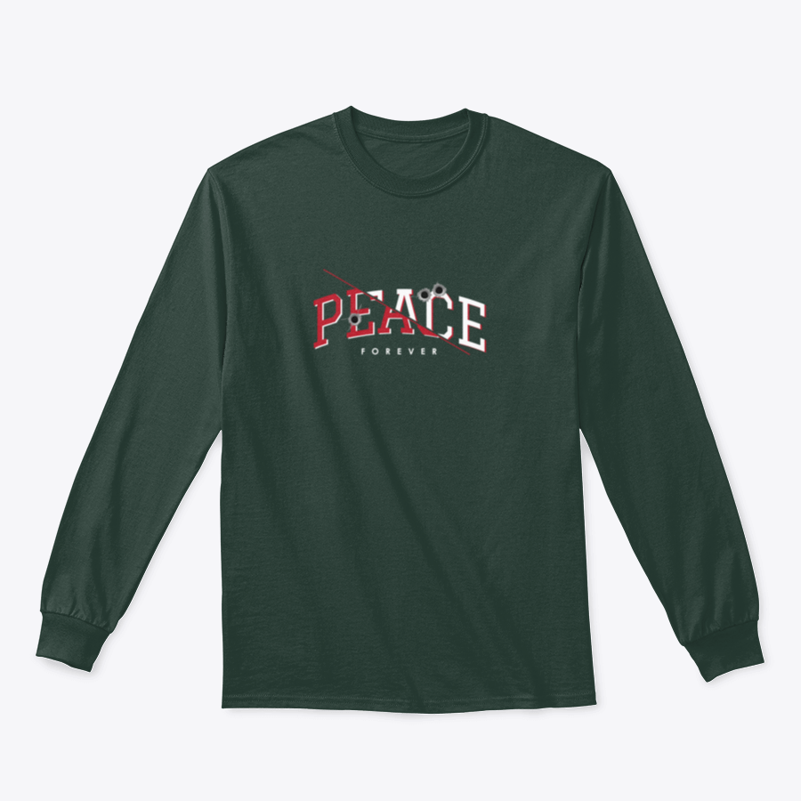 A stylish T-shirt featuring the Peace Forever slogan with a bullet holes illustration, showcasing its unique design and quality fabric.