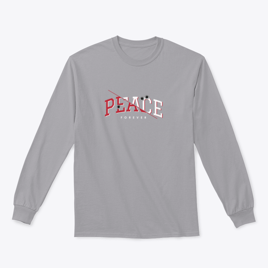 A stylish T-shirt featuring the Peace Forever slogan with a bullet holes illustration, showcasing its unique design and quality fabric.