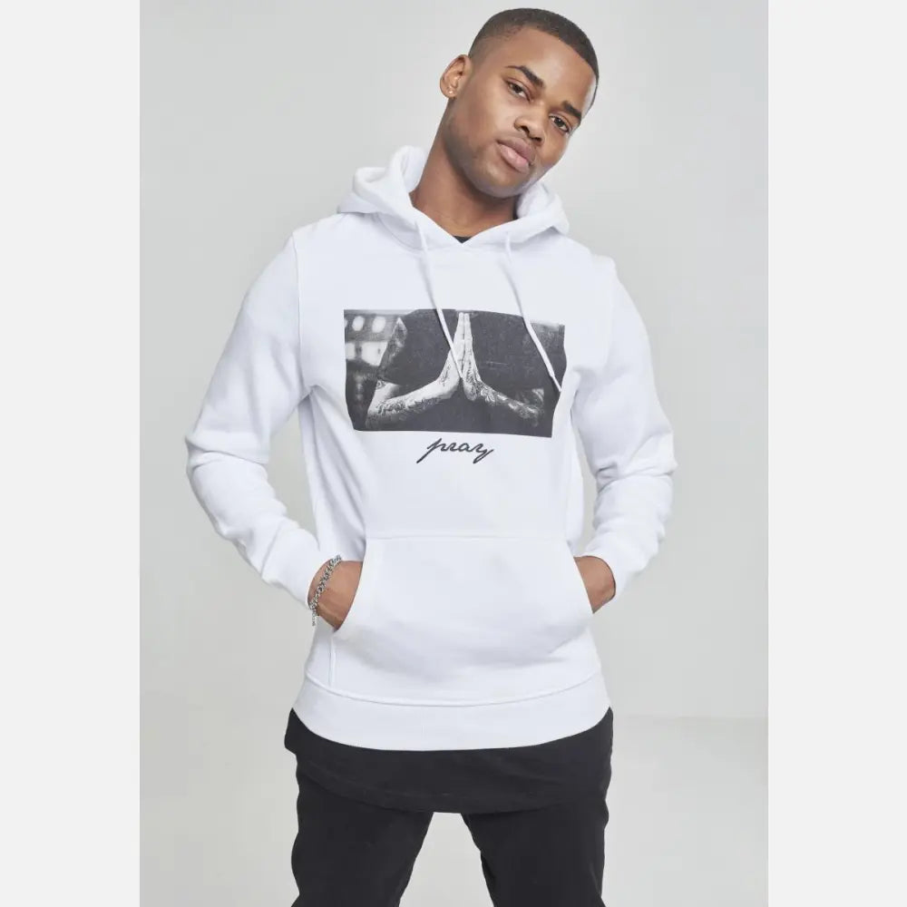 A stylish Pray Hoodie featuring a bold print, made from soft brushed fleece fabric in a comfortable fit.