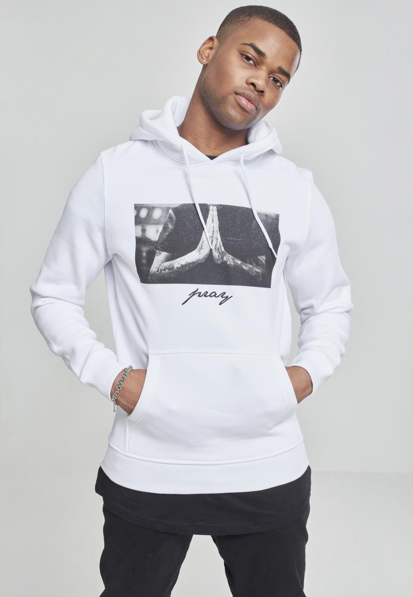 A stylish Pray Hoodie featuring a bold print, made from soft brushed fleece fabric in a comfortable fit.