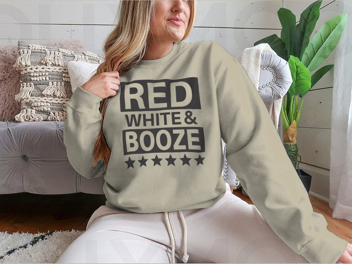 Red White And Booze sweatshirt featuring a patriotic design for Independence Day celebrations.