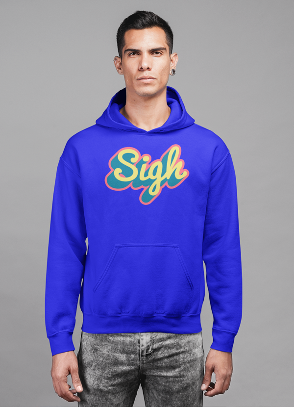 Sigh Hoodie featuring a cozy cotton/poly fleece blend with adjustable hood and unique artistic designs.