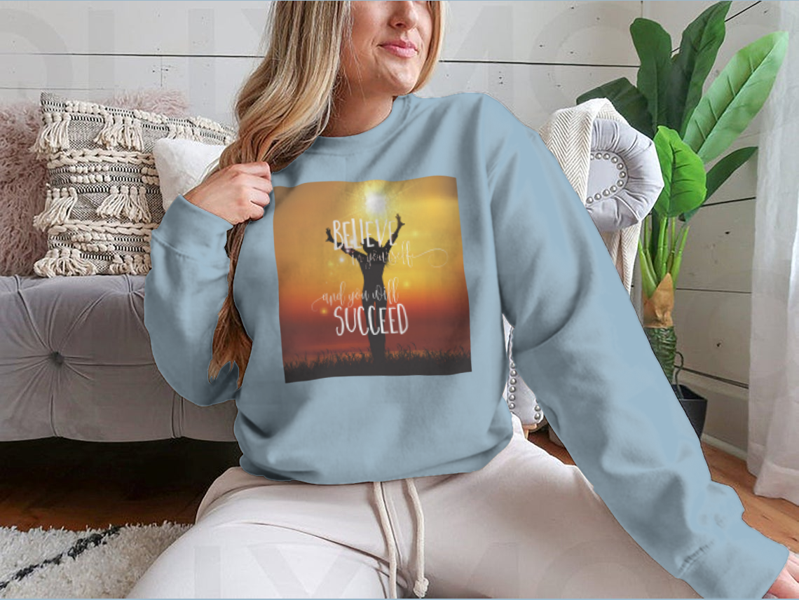 A stylish sweatshirt featuring a silhouette of a happy female, showcasing comfort and modern design.