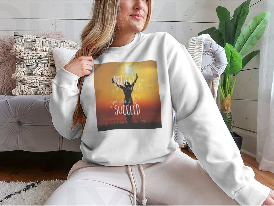 A stylish sweatshirt featuring a silhouette of a happy female, showcasing comfort and modern design.