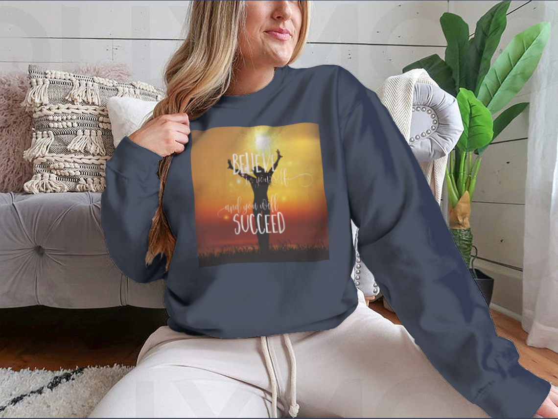 A stylish sweatshirt featuring a silhouette of a happy female, showcasing comfort and modern design.