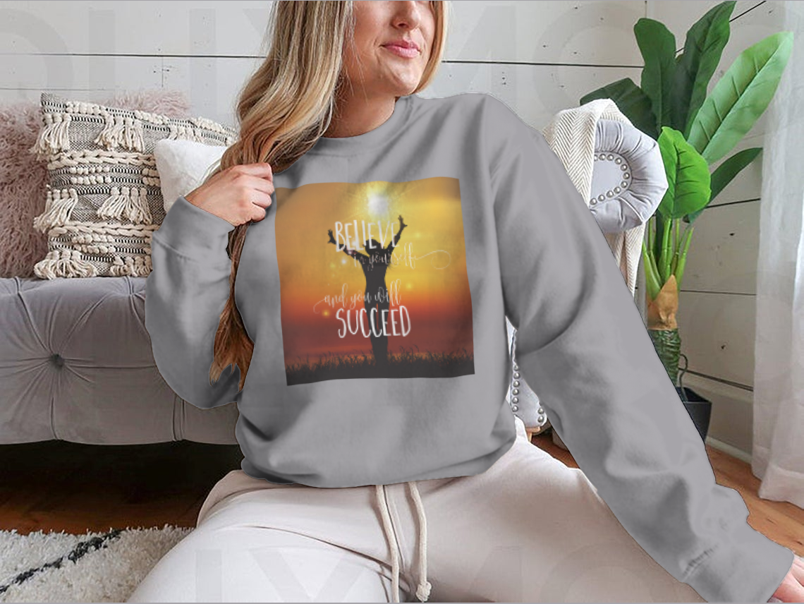 A stylish sweatshirt featuring a silhouette of a happy female, showcasing comfort and modern design.