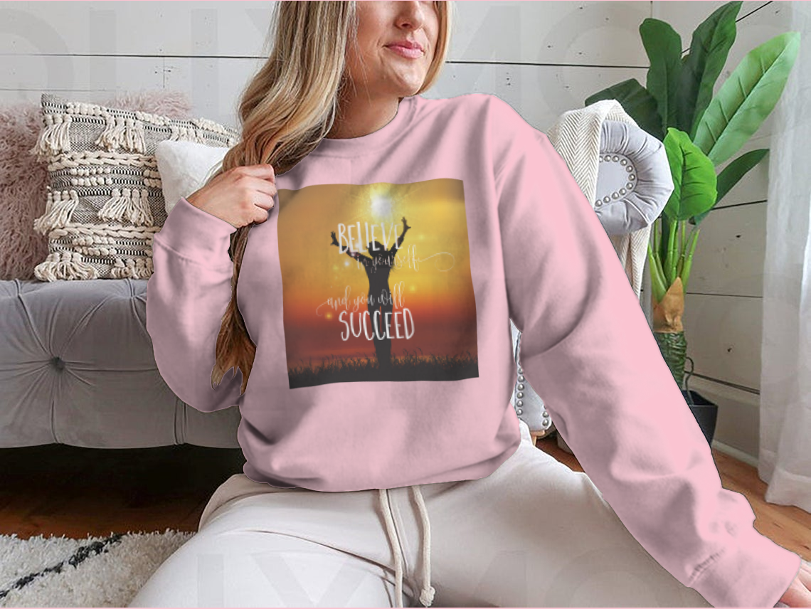 A stylish sweatshirt featuring a silhouette of a happy female, showcasing comfort and modern design.