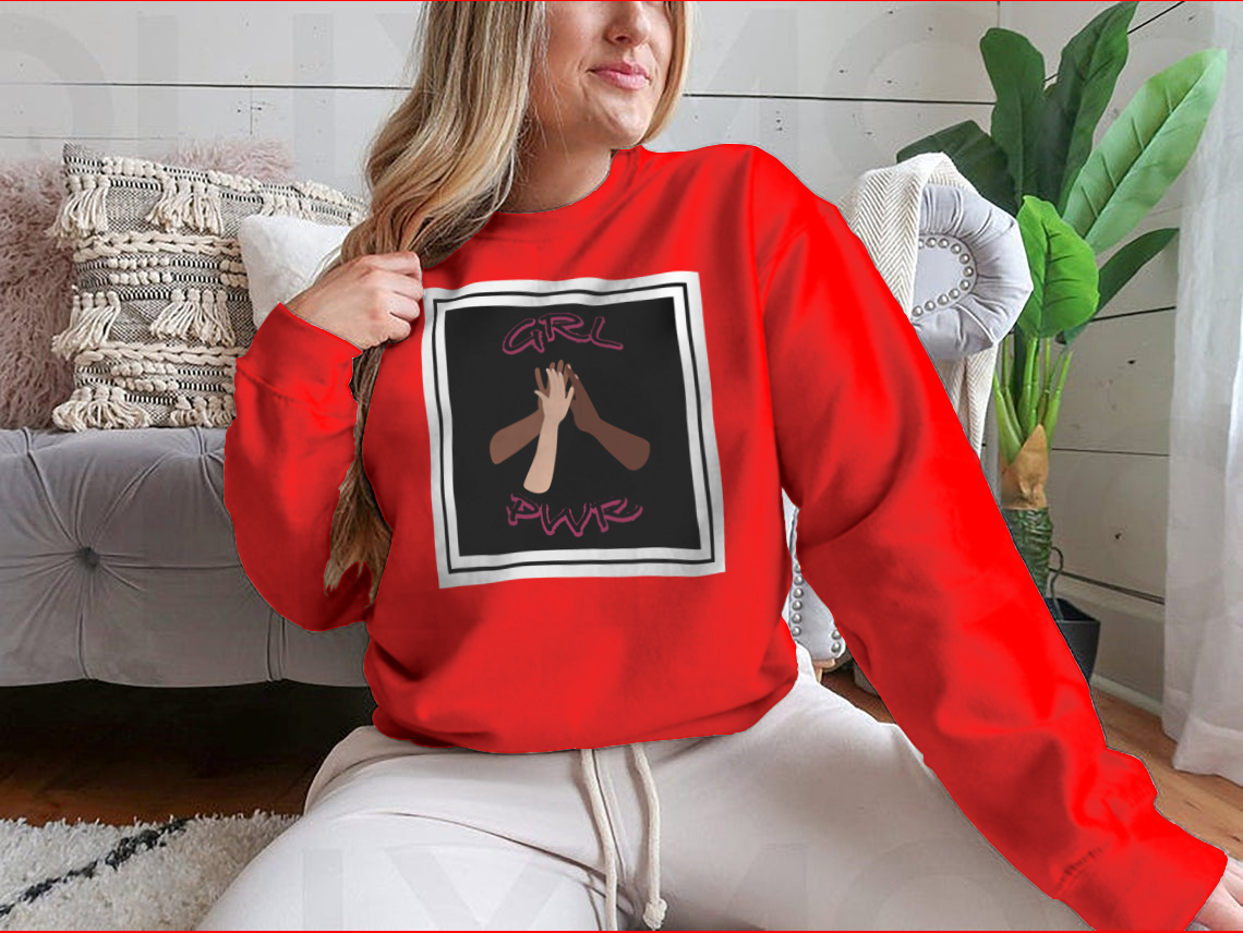 Black t-shirt featuring hand-lettered 'Girl Power' phrase, symbolizing feminism and empowerment.